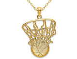 14K Yellow Gold Basketball in Hoop Swoosh Pendant Necklace with Chain